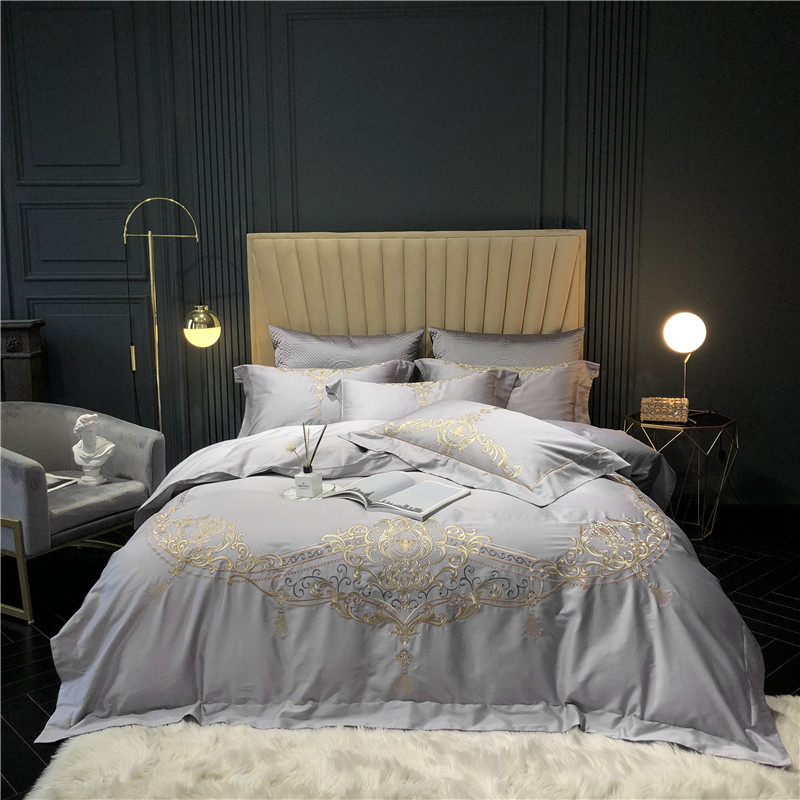 

Grey Chic Embroidery Duvet Cover Set King Queen size 4Pcs Luxury Ultra Soft Egyptian Cotton Bedding Sets Bed Sheet Pillowcase, Style 5