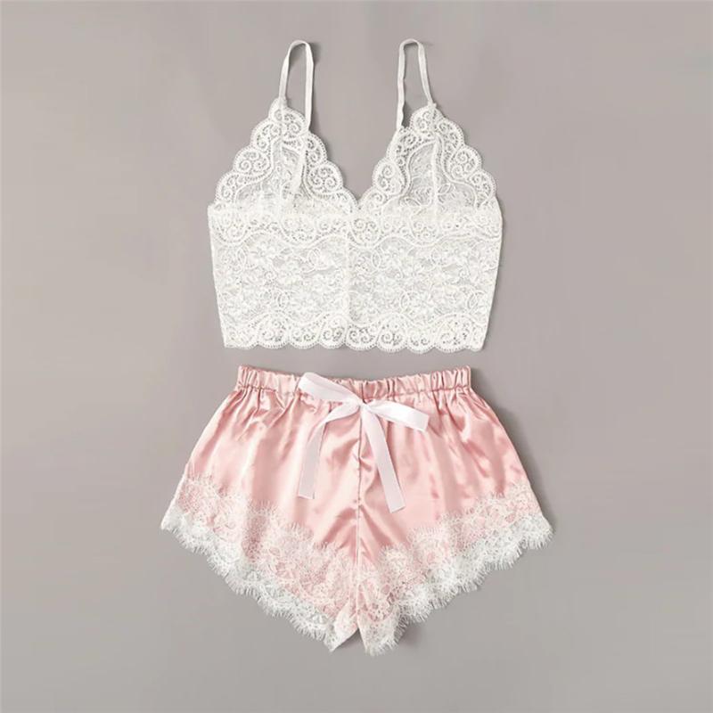 

Sexy Lingerie Pajamas For Women Home Clothes Nightie Neck Lace Bralette Sleepwear Striped Satin Shorts Lingerie Set, Pink
