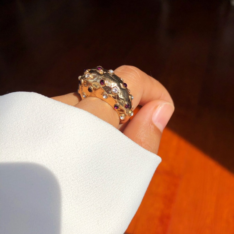 

Cluster Rings SRCOI Metal Bumpy Punk Mix Crystal Ring Baroque Fashion Retro Temperament Inlaid Rhinestones Gold Color Chunky Female 2021
