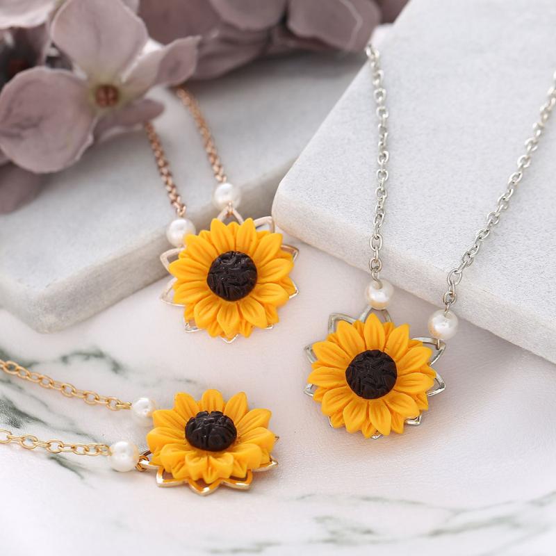 

1 PC Hot Sale Personality Pearl Sunflower Necklace Metal Flower Charms Alloy Pendant Chain Necklaces Fashion Women Jewelry
