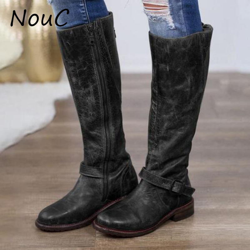 

NouC Women Boots Zipper Mid Calf Pu Leather Casual Womans Booties Belt Buckle Design Fashion Round Toe Ladies Shoes, Brown