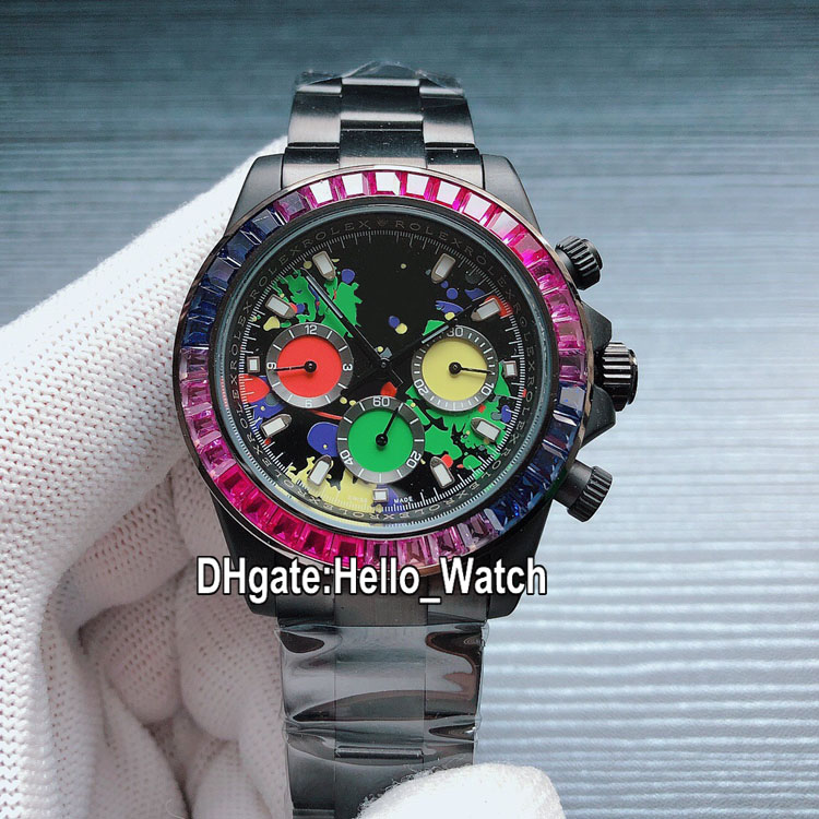 

New Winner 116500 116503 Automatic No Chronograph Mens Watch Graffiti Yellow Red Green Dial Colored Diamond Bezel PVD Black Steel Band, Custom waterproof service