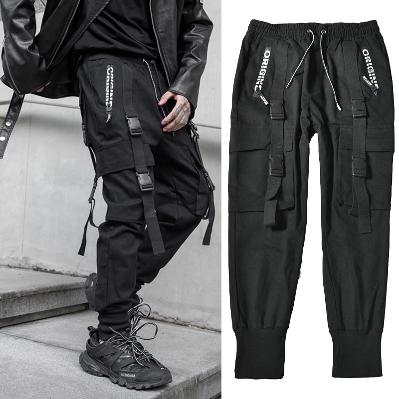 

Streetwear Black Harem Jogger Pants Men Hip Hop Pockets Ribbons Sweatpants Mens Trousers Casual Slim Cargo Pants For Man