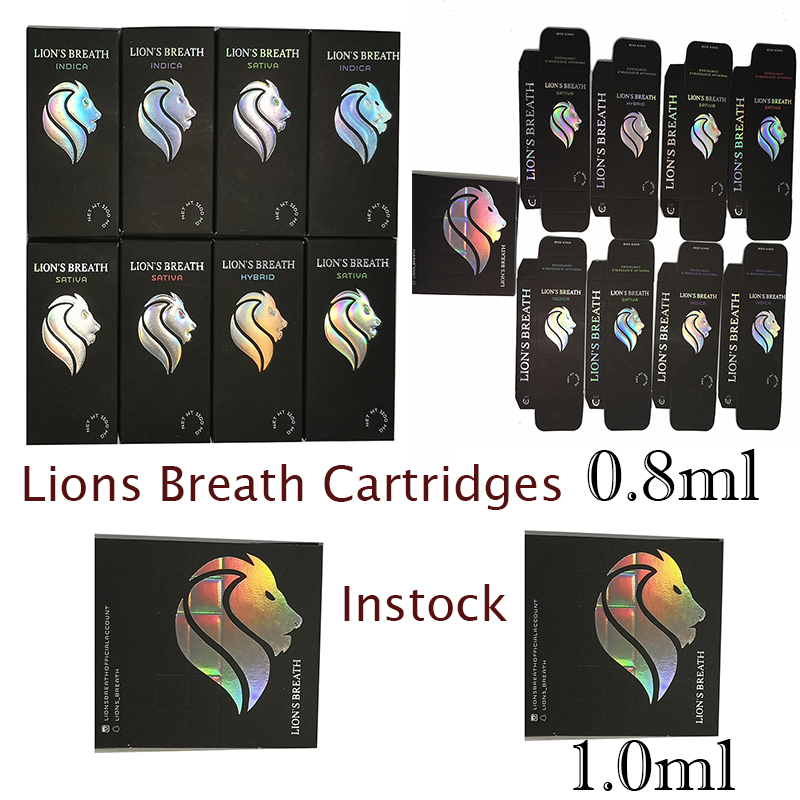 

Lions Breath Vape Cartridges Packaging Vapes Carts Oil Atomizer 510 Thread E cigarettes Instock 11color 0.8ml1.0ml Round Press Tip Vaporizer
