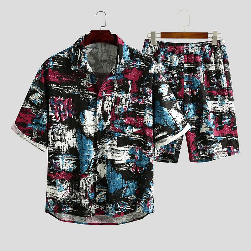 

Men Summer Streetwear Suits Men Sets Half Sleeve Lapel Shirt Short Elastic Bottoms Vintage Pockets Cotton 2 Pieces 5XL INCERUN, Black