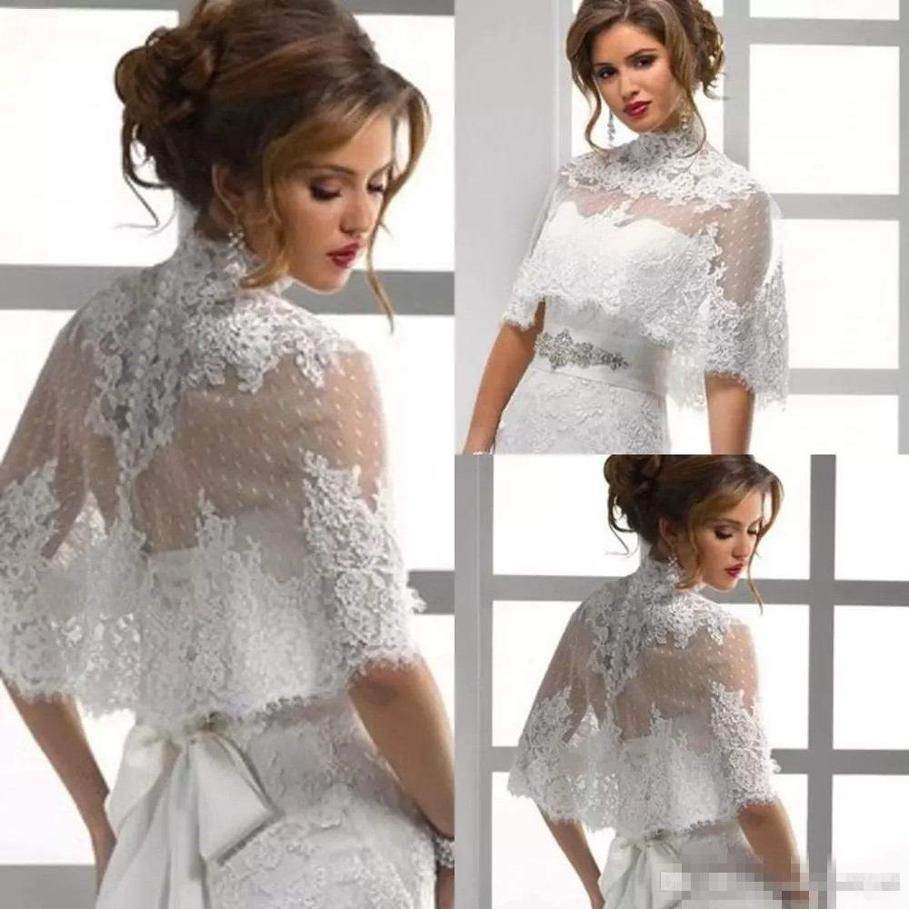 

2018 New Fashion Lace Wedding Wrap Jacket High Neck Back Button Appliques Bridal Wraps Cheap shawl Bridal Accessories, White