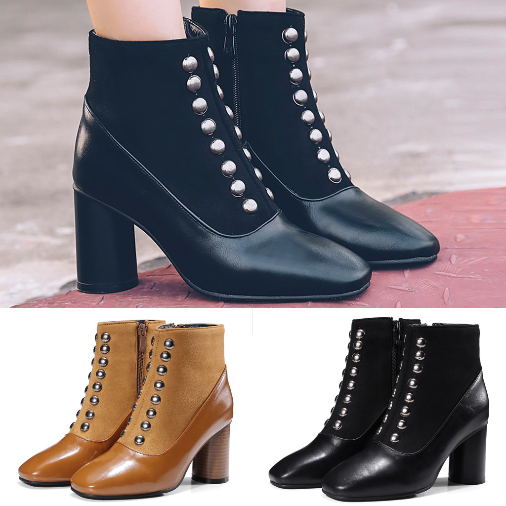 

Hot Sale-High Heels Wedges Women Boots Women's Casual retro Rivets Leather Thick heel Non-slip Shoes Zipper Booties Boots Women, Black