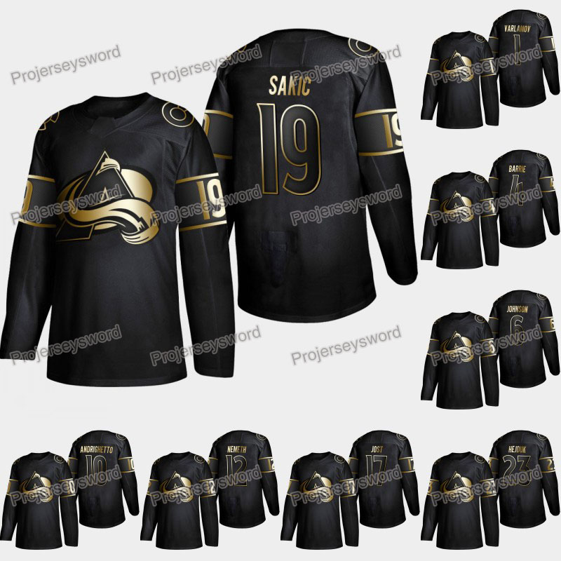 

Colorado Avalanche Joe Sakic 2019 Golden Edition Jersey Tyson Barrie Erik Johnson Matt Calvert Patrik Nemeth Nikita Zadorov Tyson Jost, Black;red