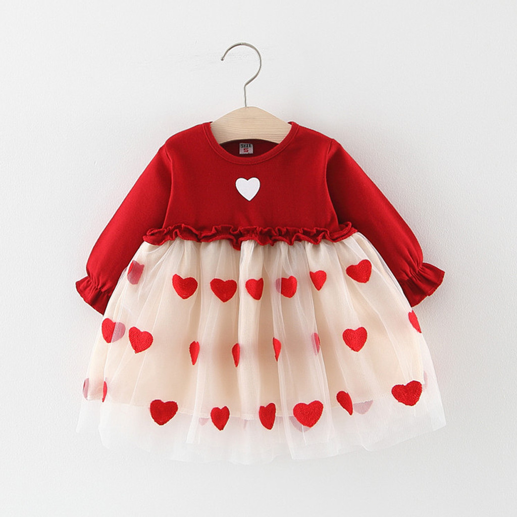 

Girls Dresses For Princess Dress Toddler Baby Kids Girls Ruched Tulle Patchwork Love Heart Print Dresses Clothes Fille Habillee, Red