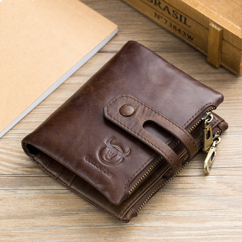 

Men Wallets Genuine Leather Short Coin Purse Vintage Purse Men's Wallet Zipper Button Coin Pocket Card Holder Retro, Black