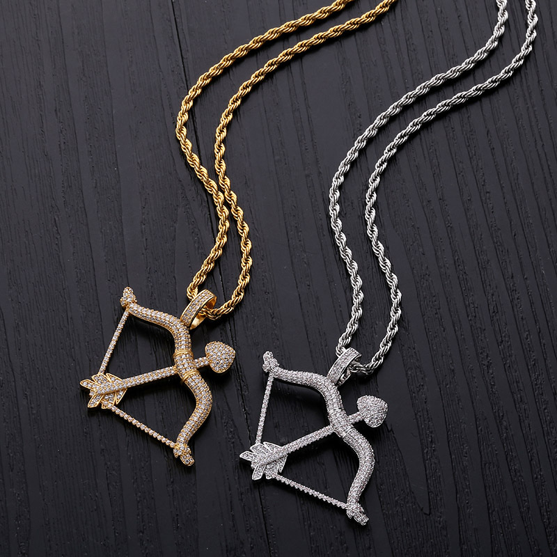 

New Designed Iced Out Bow & Arrow Pendant Solid Back Necklace Hip Hop Gold Silver Color Mens/Women Charm Chain Jewelry