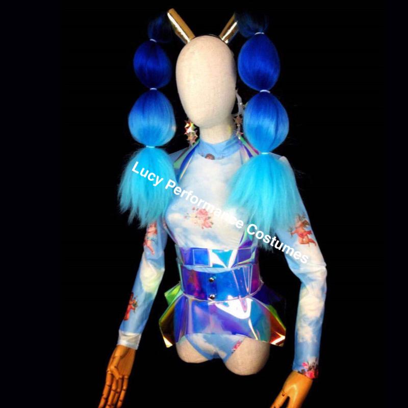 

3D printed Stage Costume set Women's GoGo Dance bodysuit Headwear bar rave Singer Leading Dance Nightclub holographic clothes, Photo color