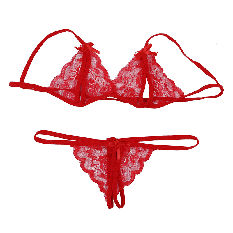 

Women Sexy Lace Open Crotch Thongs G-String Lingerie Underwear + Bra Set HOT, Red