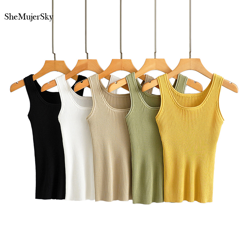 

SheMujerSky Women Knitted Tank Tops Sleeveless O-neck Summer Tops 2020 Crop Top, Black