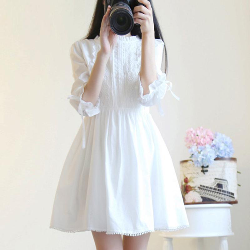 

Woman' Summer Elegant Korean Style White Lace Mini Dress Japanese Cute Beach Party Short Boho Kawaii Chiffon Dress