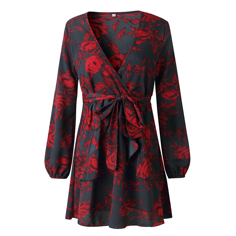 

Autumn Winter Women Dress Ladies Party Deep V Neck Casual Fashion Cocktail Printed Vestidos De Fiesta De Noche, As pictures show
