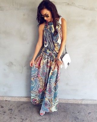 

Fashion-Multicolor Floral Print Button Split Front Flare Beach Wear Boho Maxi Dress Women Short Sleeve halter Long Dress, As pic