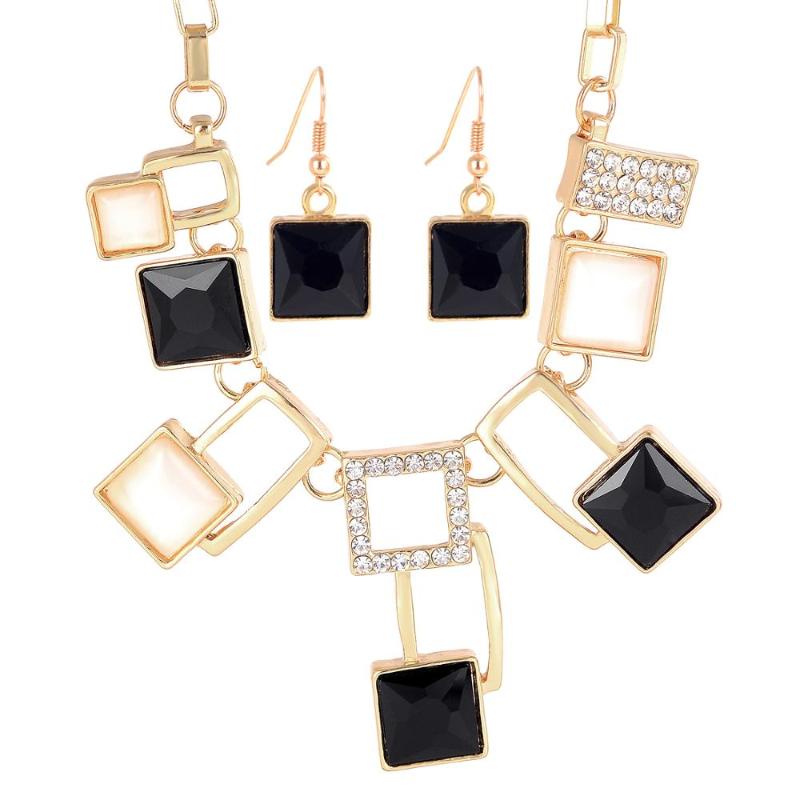 

Earrings & Necklace Acrylic Wedding Jewelry Sets For Women Black Blue White Square Pendant Choker Statement Drop Gift, As pic