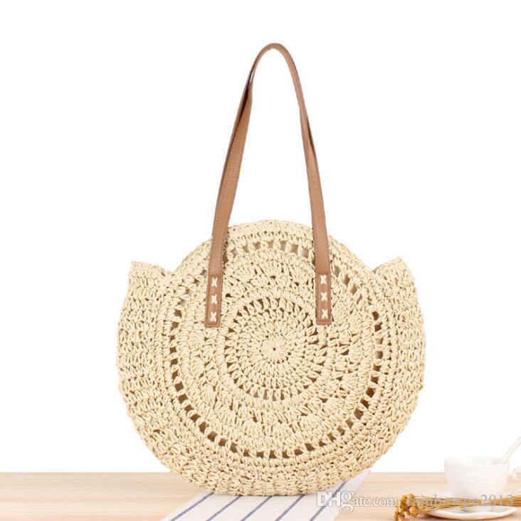 

Factory wholesale women handbag summer simple circular straw bag hand-woven womens shoulder bags sweet hollow crocheted beach handbags