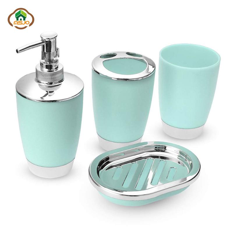 

MSJO Bathroom Set 4PCS Soap Dish Dispenser Bottle Washroom Toothbrush Holder Cup Suit Home Decoration Accessories