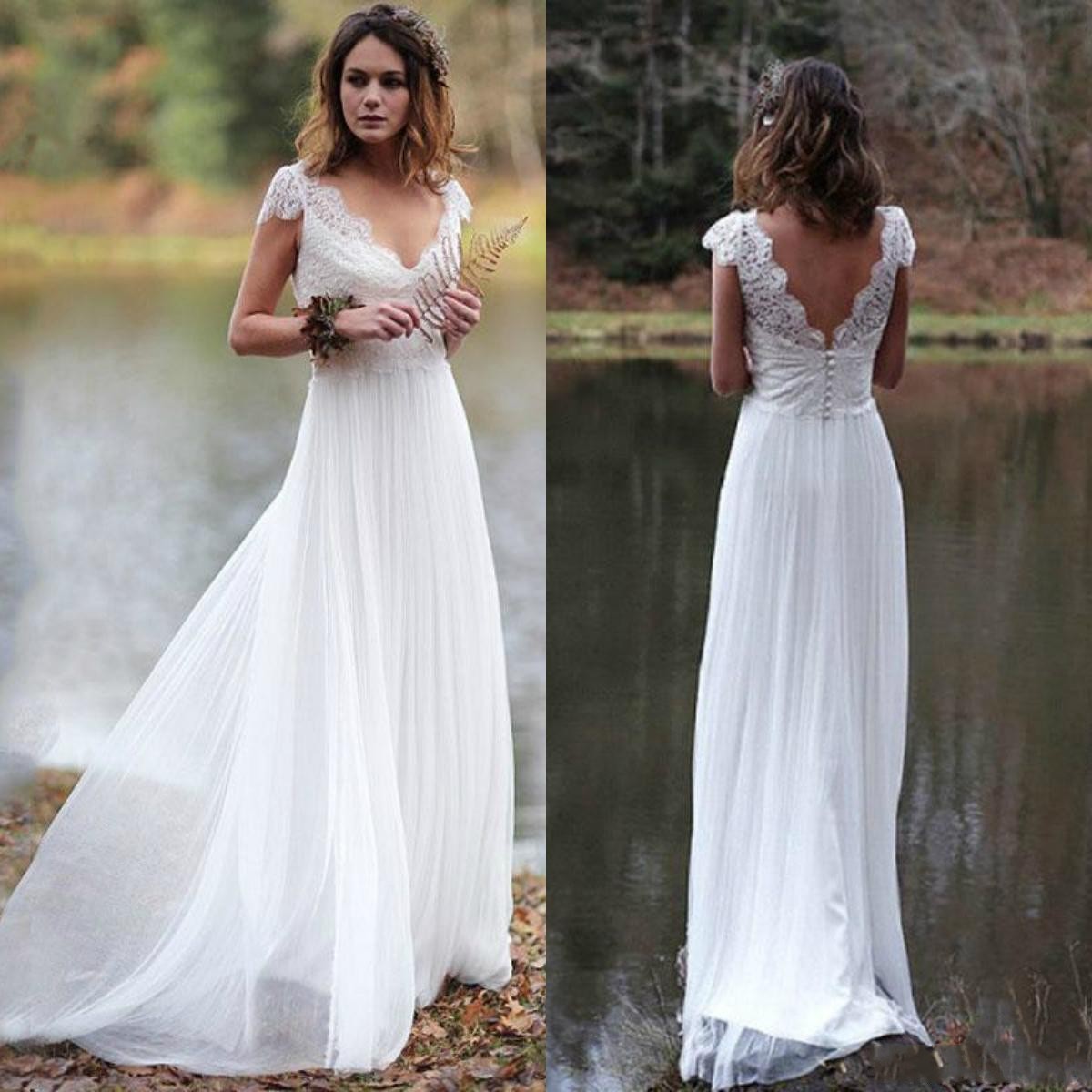 

2020 Beach A Line Lace Wedding Dresses Cap Sleeve Appliqued V Neck Boho Wedding Dress Bridal Gowns Chiffon robe, Ivory
