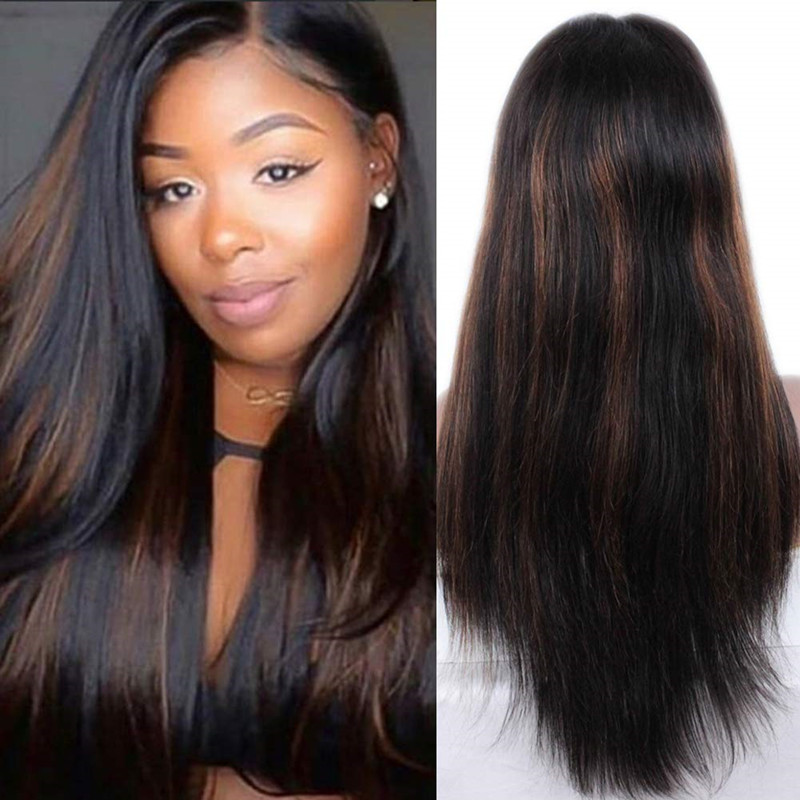 Brazilian Remy Glueless Lace Front Human Hair Wigs Long Straight Hair Wigs For Black Women Ombre Human Hair Wig #1b/30 Highlight Color-image-523711586