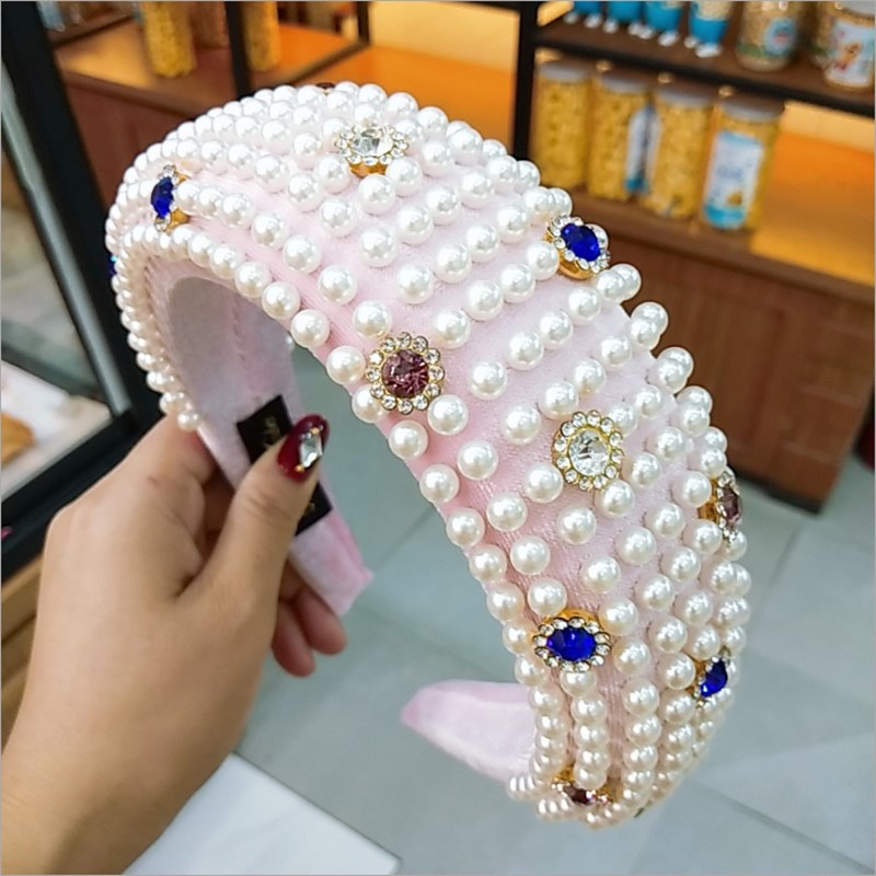 

New High-end hair accessories women diamond sponge hairbands headband nailed with diamond pearl retro hair band turban headdress
