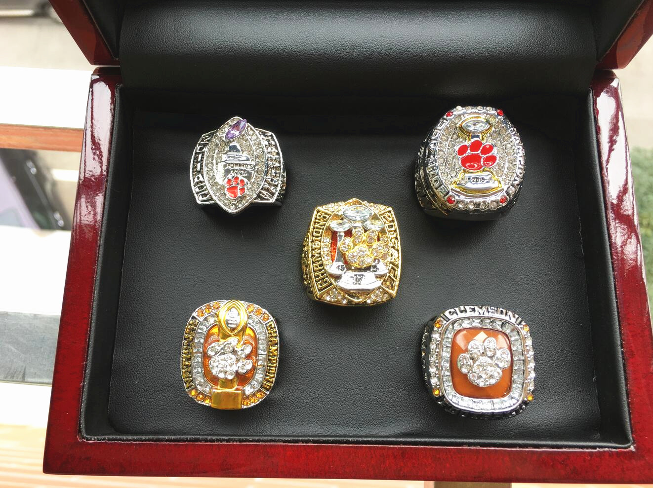 

5 pcs Clemson Tigers National Championship Ring Set With Wooden Display box solid Men Fan Brithday Gift Wholesale Drop Shipping