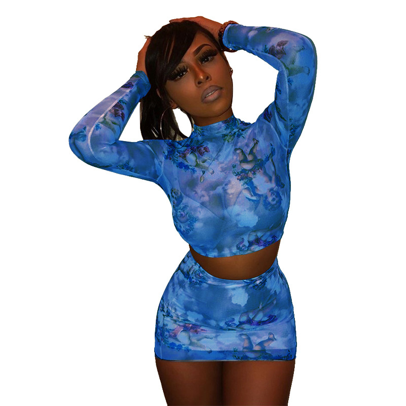 

Sexy Hot Angel Matching Set Women Fashion 2020 Floral Print Two Piece Outfits Long Sleeve Mesh Shirt And Skirt Sets