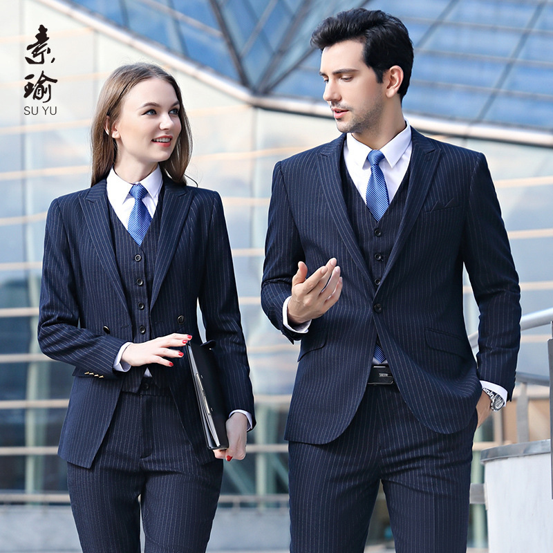 

Suit suit men' three piece business autumn and winter men' and women' stripe professional manager work, See chart