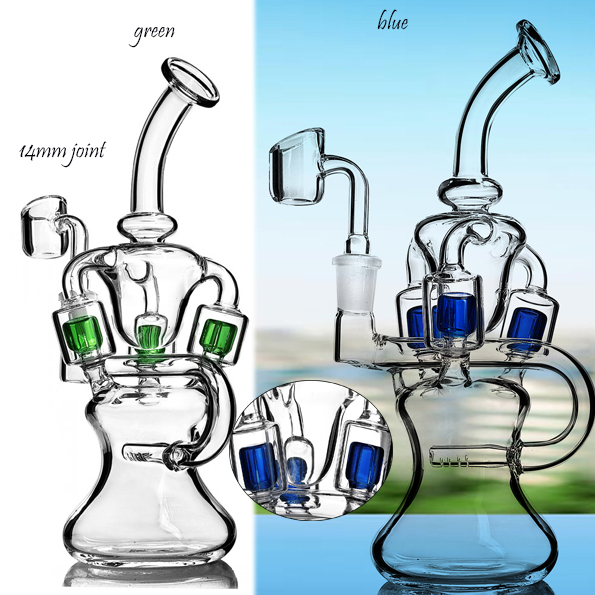 

9.4 inchs Klien Recycler Bong Heady Glass Oil Pipe Hookahs Shisha Water Pipes Colored Perc Dab Rigs With 14mm Banger