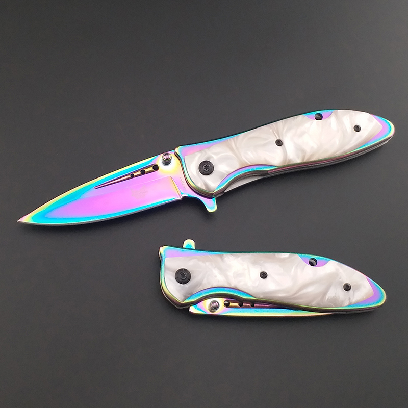 

High quality Stainless steel Rainbow Titanium sharp Blade Tactical Folding Knife resin handle assisted pocket hunting rescue Outdoor knife