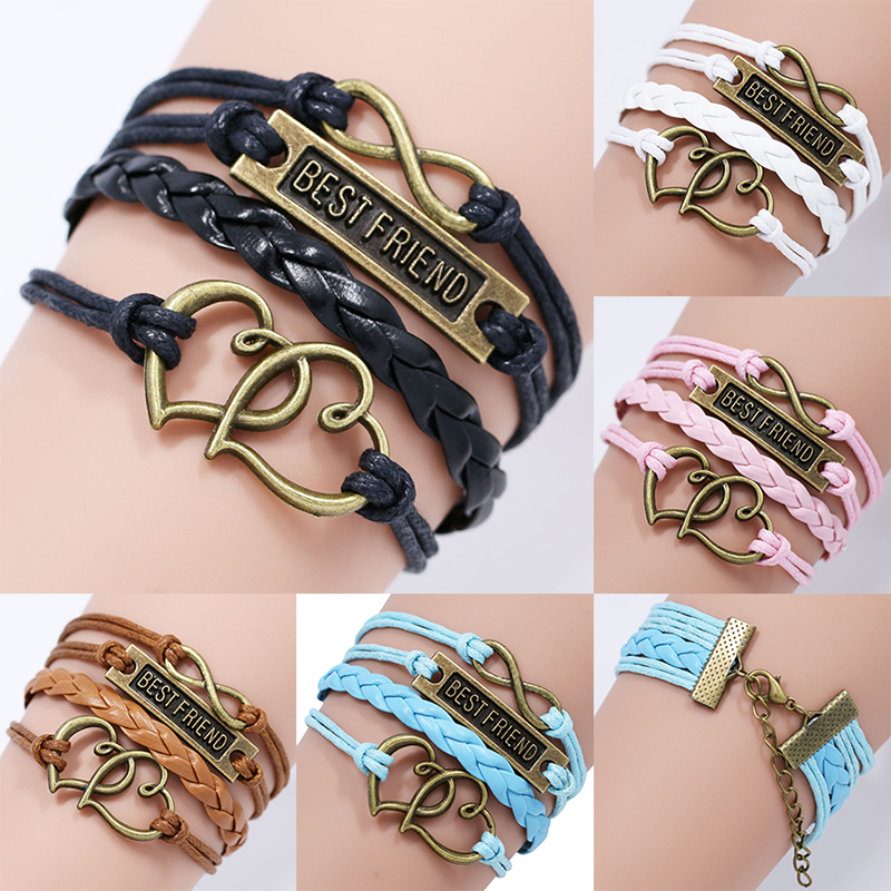 

Classic Best Friend Letter charm bracelets For women Men Braided leather rope Double Heart Infinity Wrap bracelet friendship Jewelry Gift
