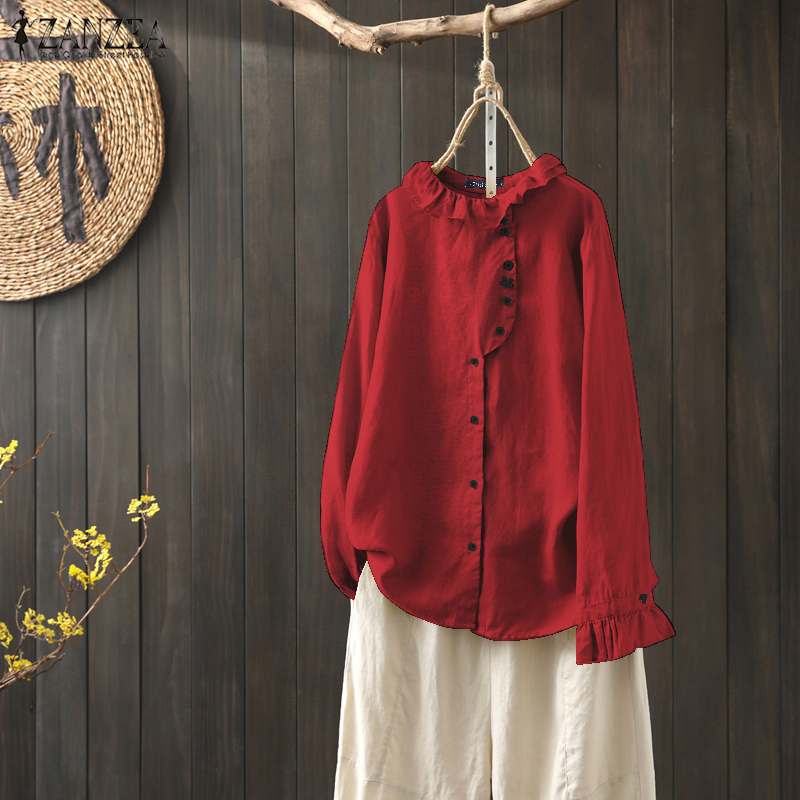 

ZANZEA Women Vintage Cotton Linen Blouse Spring Long Sleeve Buttons Down Shirt Casual Flounce Tops Ruffles Blusas Femme Robe, Black