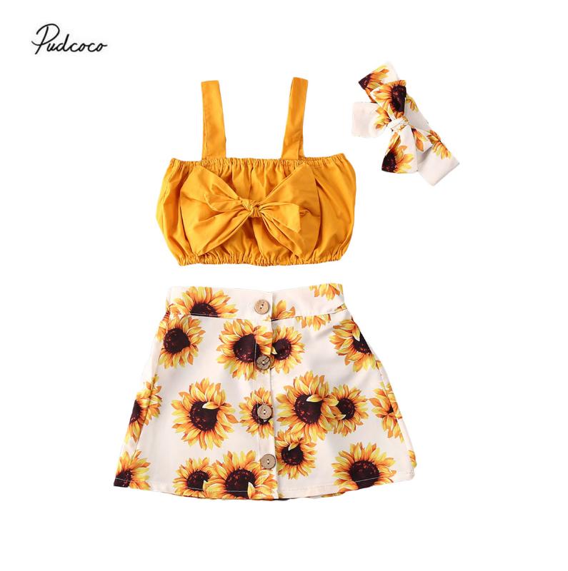 

2020 Sumemr Kids Baby Girls Sunflower Clothes 3Pcs Kids T-shirt Yellow Bow Crop Tops Floral Skirts Outfits Set, As pic