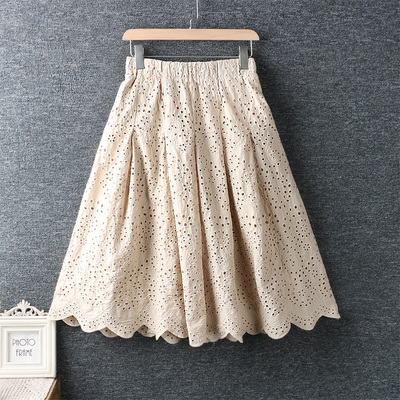 

2020 spring new literary small fresh elastic waist hollow embroidery skirt cotton and linen loose skirt women, Black