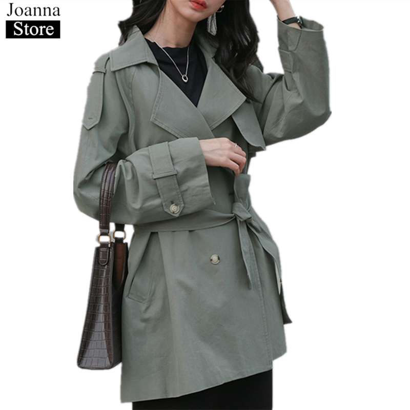

Spring New Short Windbreaker Women Lapel Long Sleeve Double Breasted Belt Slim Vintage Coats Plus Size Casual Loose Wild Clothes, Khaki