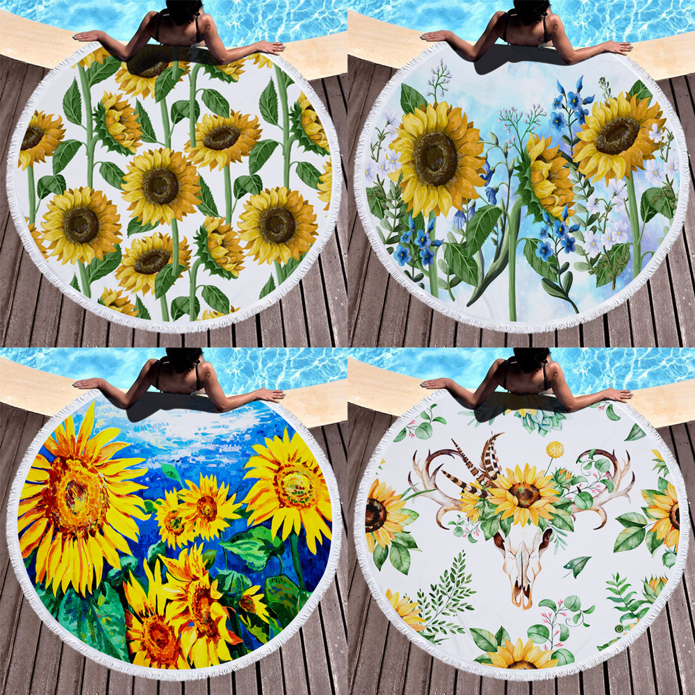 

retail 10 colors baby blanket microfiber sunflower printed round beach towel with tassel weighted blanket Outdoor Bath Towels Quick 150*150, Mix 15 colors;tell me color