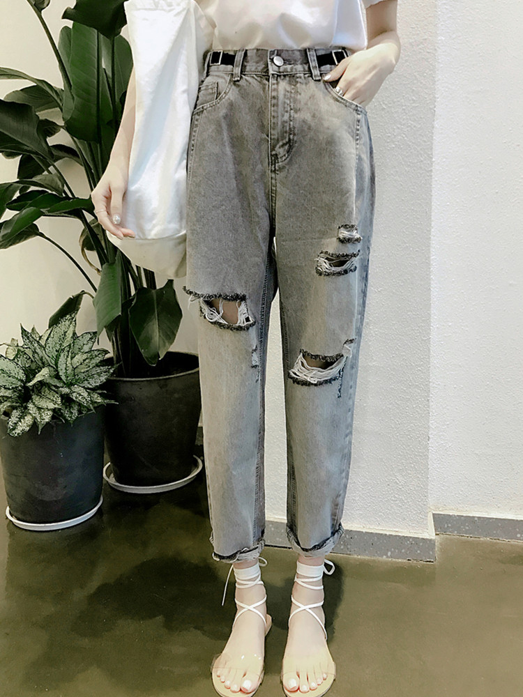 

JUJULAND woman jeans dark gray hole jeans Stretch high-waisted loose woman harem ankle-length pants 1082