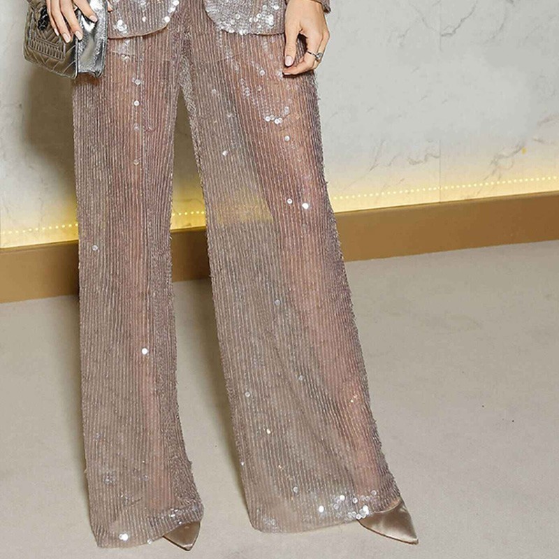 

Euro Runway Women Sexy Transparent Glitter Casual Blazer Pants Suit High Quality Sequins Loose Office Ladies Party Outfits Sets, Bra