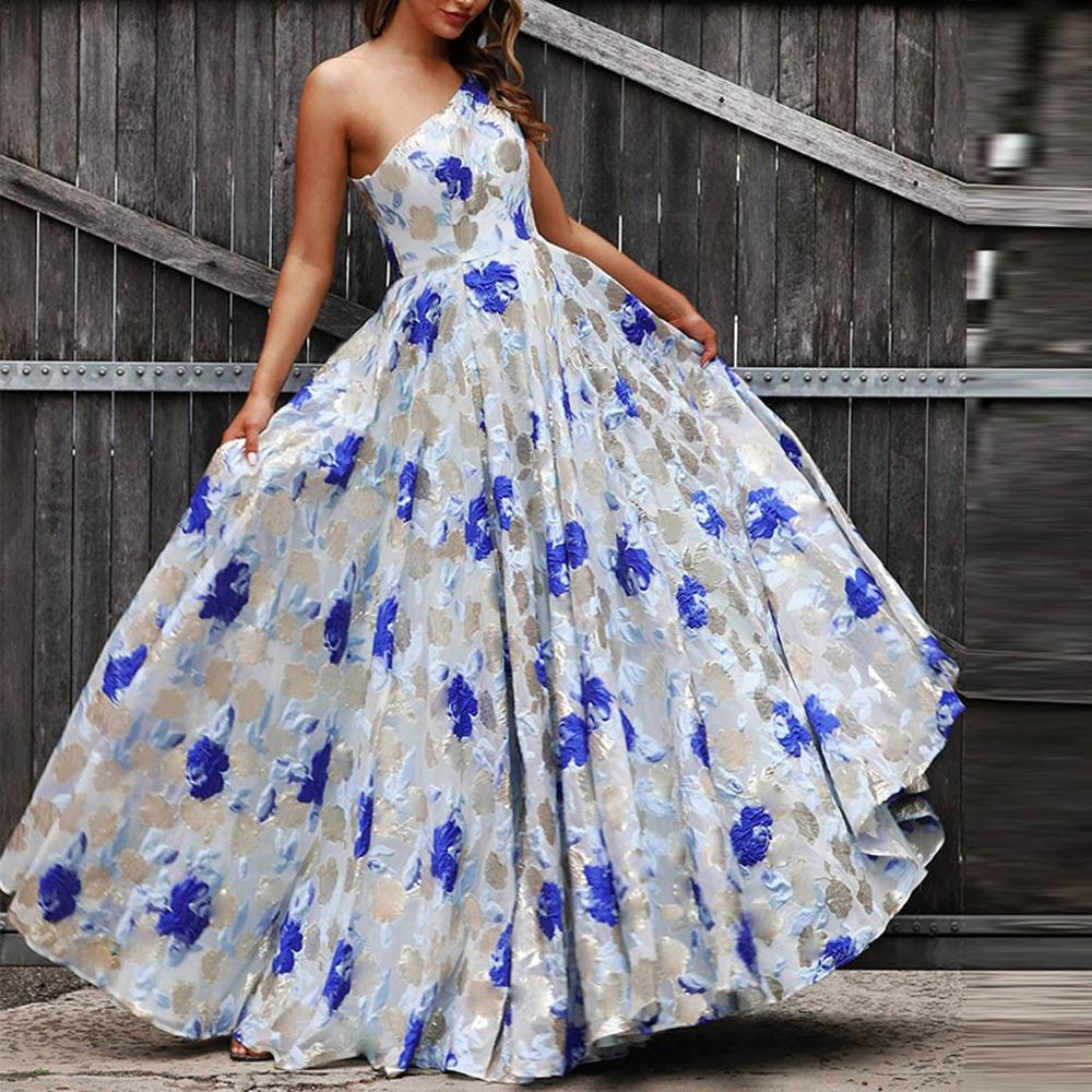 

2020 New Summer Dress Women Sleeveless One Shoulder Sexy Party Beach Printed Long Dresses, White
