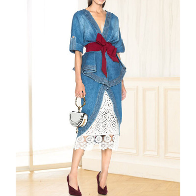 

Runway Fashion High Quality 2 Piece Dress V Neck Backless Denim Jeans Dress +White Lace Skirt Two Piece Sets Clothing P786, Blue
