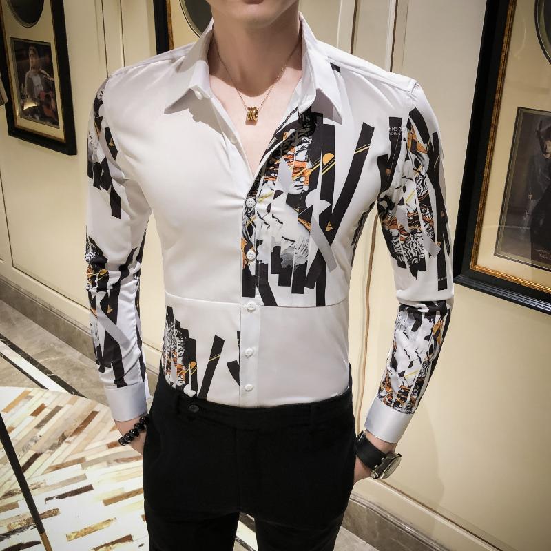 

Black Print Club Shirt Men 2020 Spring Long Sleeve Button Down Shirt Men Clothing Slim Fit Flower