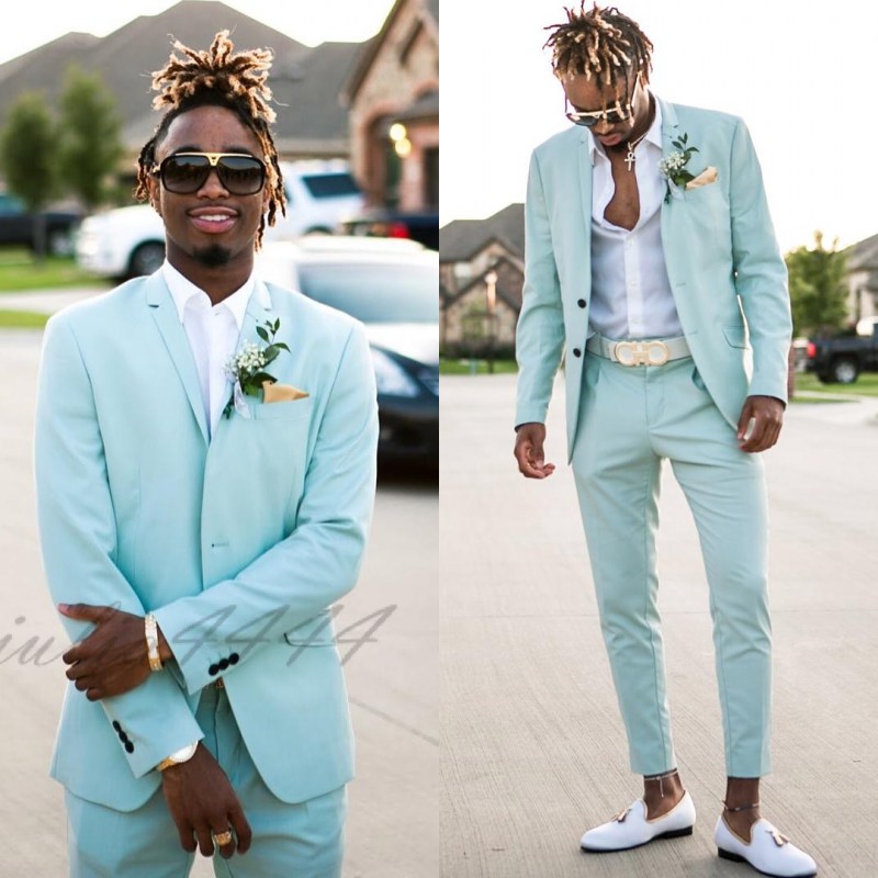 

2021 Mint Green Tuxedos Mens Suits Slim Fit Two Pieces Beach Groom Wedding For Men Peaked Lapel Formal Prom Suit (Jacket+Pants), Royal blue