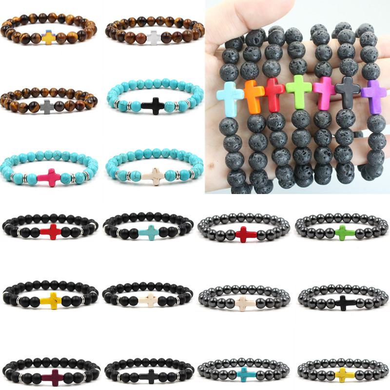 

JG! Newly Bracelets Factory Price Lava Rock Cross Bracelets Turquoise Frosted Stone Tiger Eye Natural Stone Bangles For Women & Men Gift K61