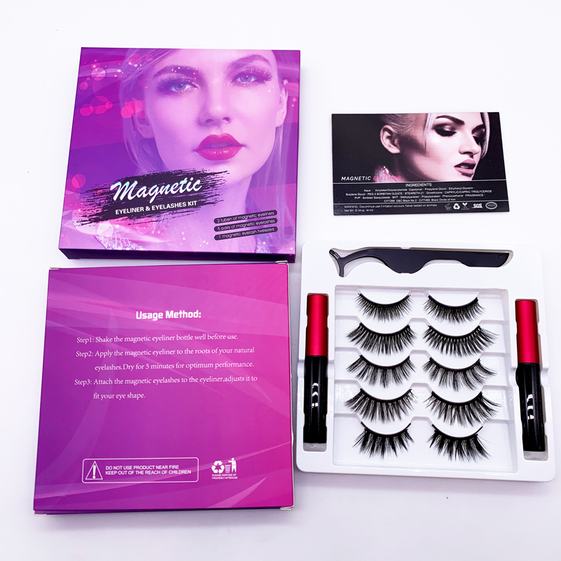 

5 Pairs Magnetic Eyelashs Magnet Eyeliner Kit Updated 3D False Lashes 2 Tubes Liquid Eyeliner With Tweezers Natural Reusable No Glue Need