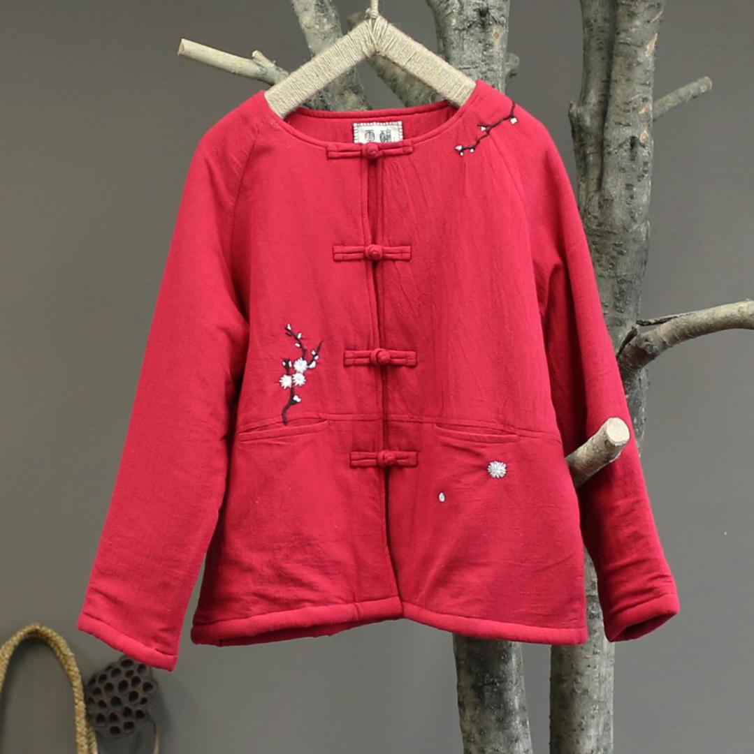

Women Retro Fleeced Retro Hand-embroidered Cotton Linen Parkas Female Padded Coat Short Outerwear Ladies Floral Embroidery, Black