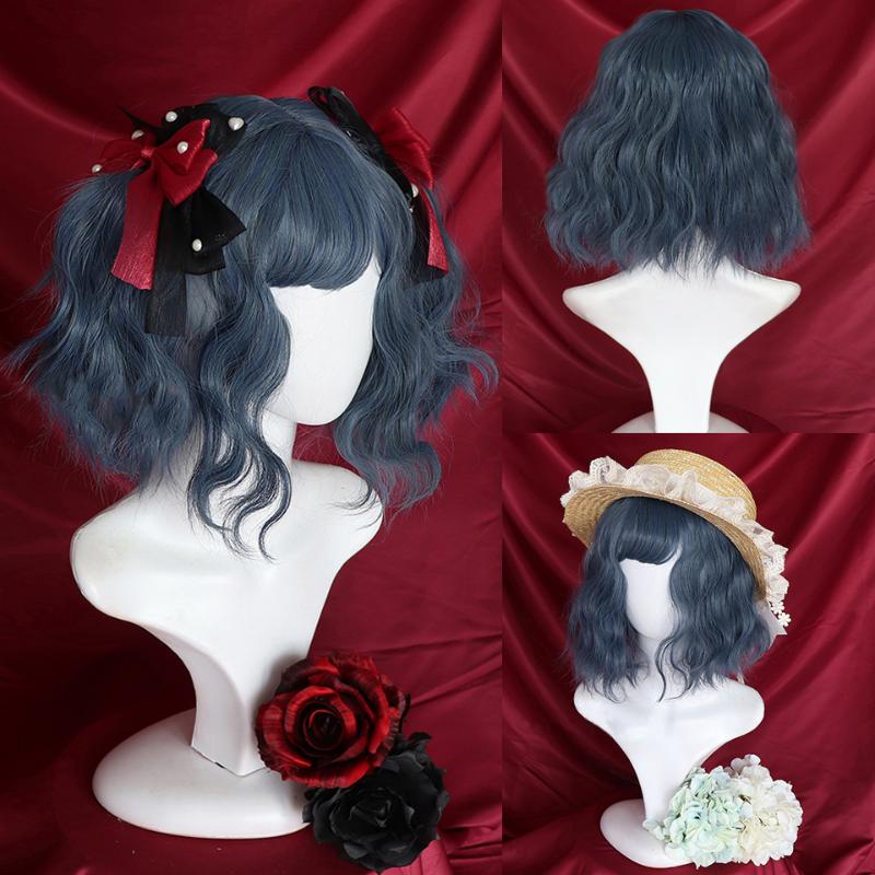 

AILIADE Short Wavy Wigs Bangs Bobo Dark Blue Heat Resistant Synthetic Hair for Black/White Women African American Cosplay Lolita, T1b/613