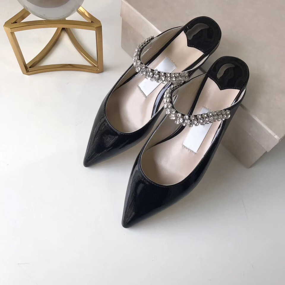 

Hot Sale-nted Crystal Strap Sandal Patent Leather Mules Women Flat Mules Designer Stiletto Heel Dress Sandal With Box, Style 2