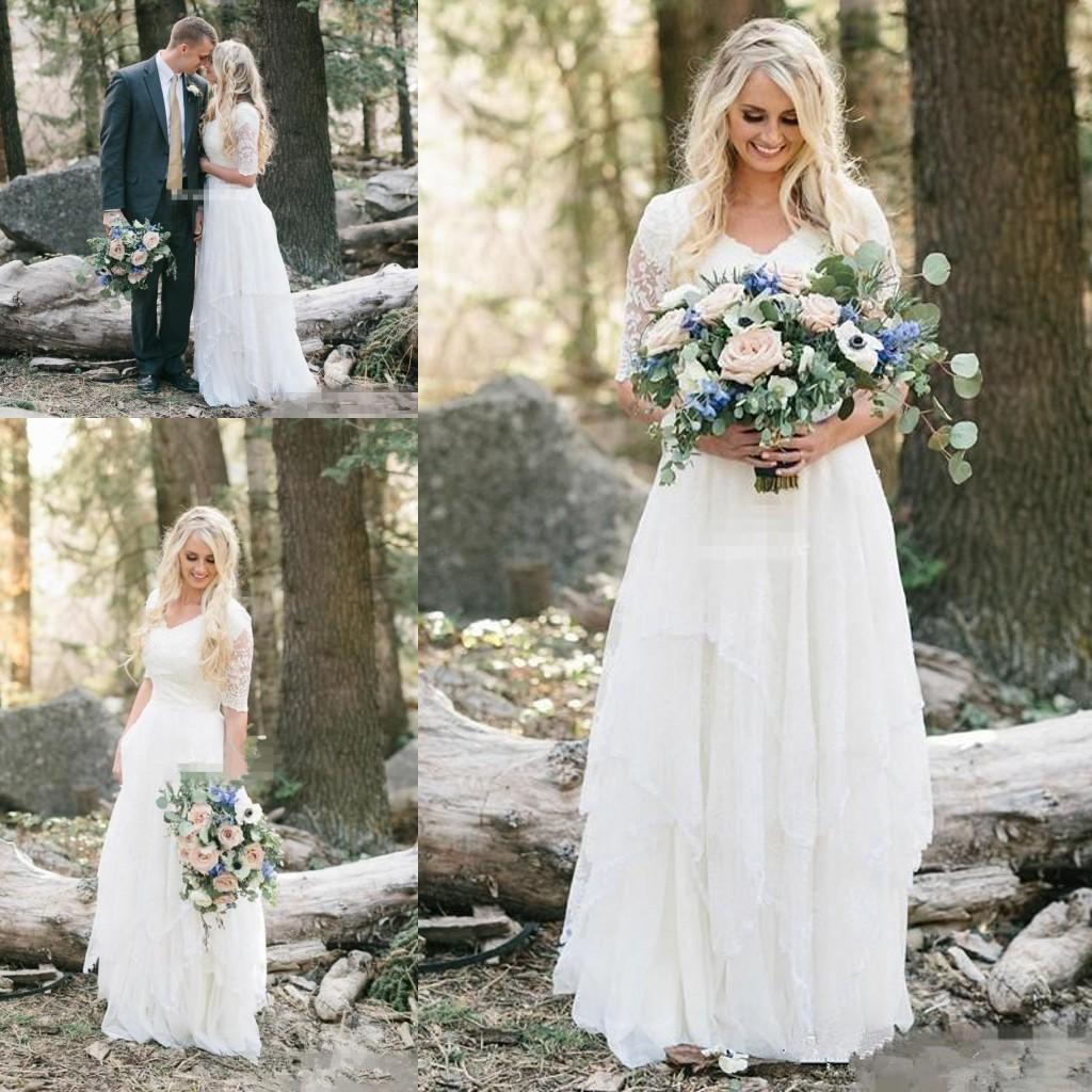 

Modest Western Country Boho Wedding Dresses 2020 Elegant Lace V Neck Half Sleeves Long Bohemian Bridal Gowns Plus Size, Black